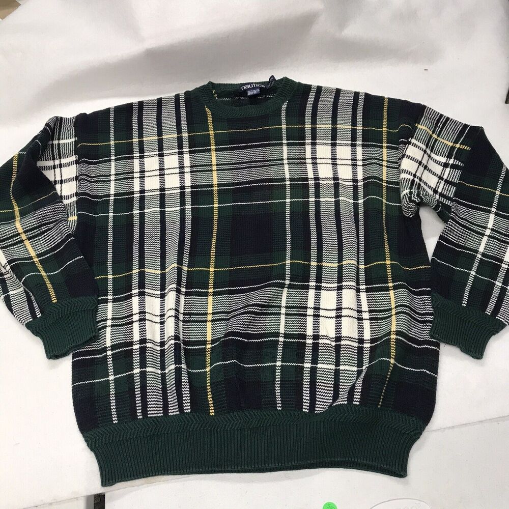 Nautica Vintage 90s Knit Plaid Crewneck Grandpa Windowpane Sweater Siz XL Tartan